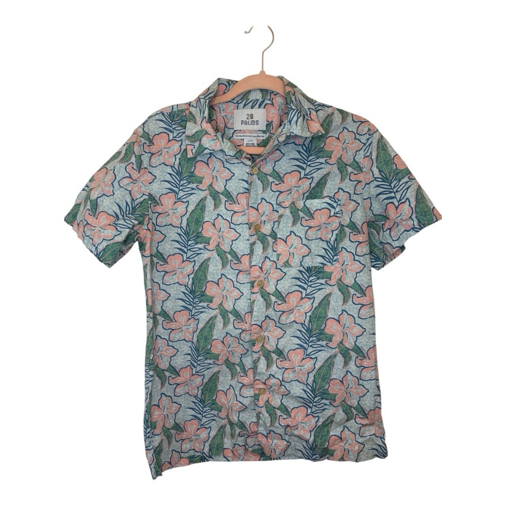 28 Palms Men’s Hawaiian Shirt Pink Blue Floral Button Down Resort Vacation Small